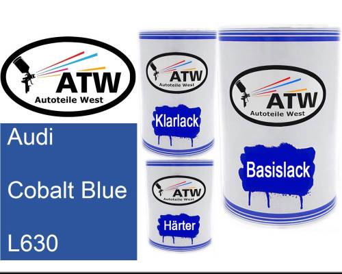 Audi, Cobalt Blue, L630: 500ml Lackdose + 500ml Klarlack + 250ml Härter - Set, von ATW Autoteile West.